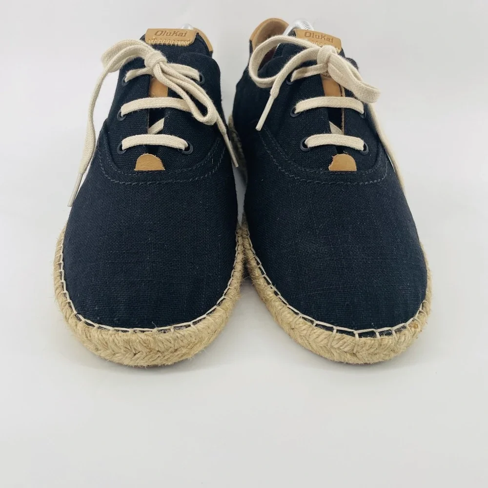 Olukai Kaula Pa'a Li Black Espadrille Sneakers Lace Up Shoes Women US 11 EU 41